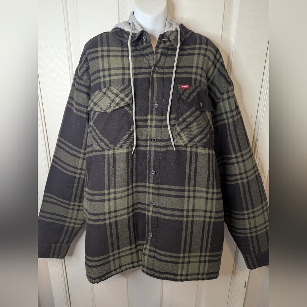 Wrangler Men's Heavyweight Hooded Shirt Jacket Green Black Plaid Flannel, 2XL